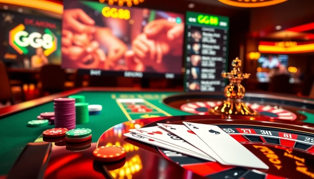 Join the excitement with GG 88 at a vibrant casino table full of chips and cards.