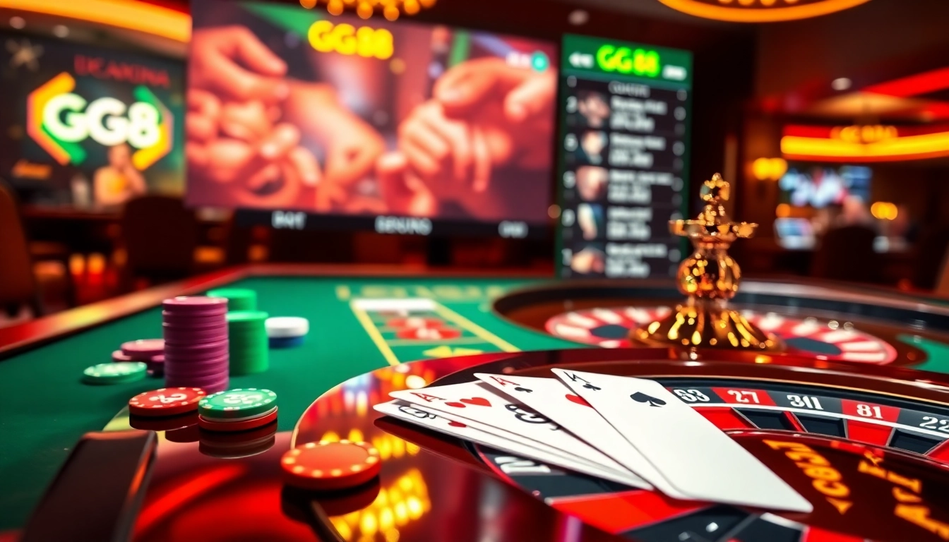 Join the excitement with GG 88 at a vibrant casino table full of chips and cards.