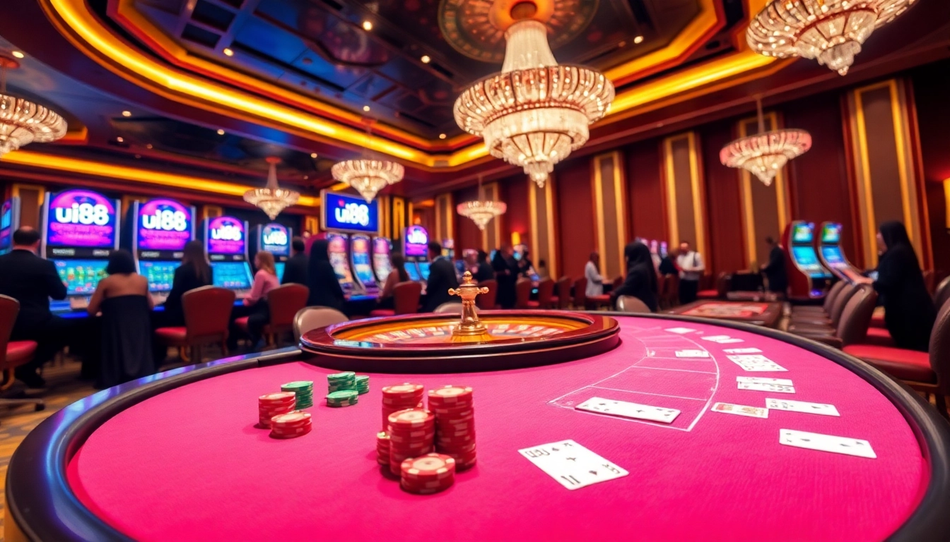 uu88 casino scene with poker table, roulette wheel, and vibrant chips