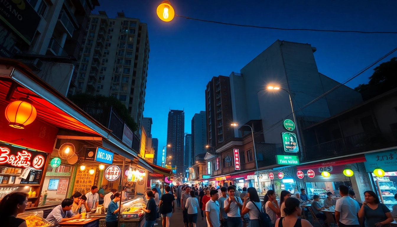 Experience 베트남밤문화 at night with vibrant street scenes of food stalls and lively cafés.