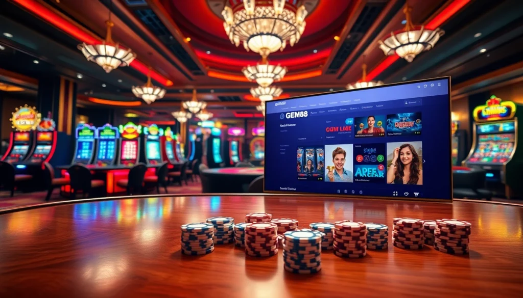 Experience thrilling casino action with gem88.buzz, featuring roulette, poker chips, and vibrant slot machines.