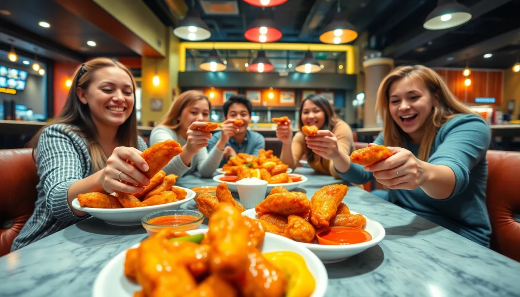 Group enjoying go wings at a modern restaurant with vibrant flavors.