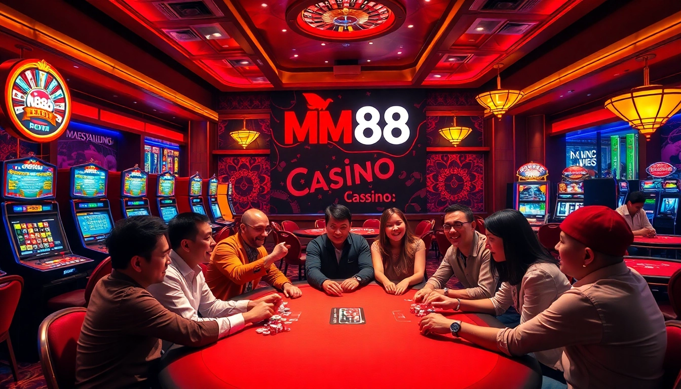 Exciting casino atmosphere with players at a poker table, featuring MM88 branding.