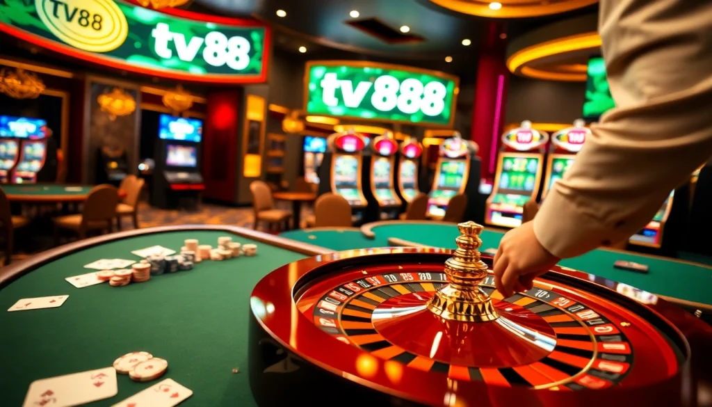 Experience the thrill of betting at tv88’s luxurious casino scene featuring roulette and poker.