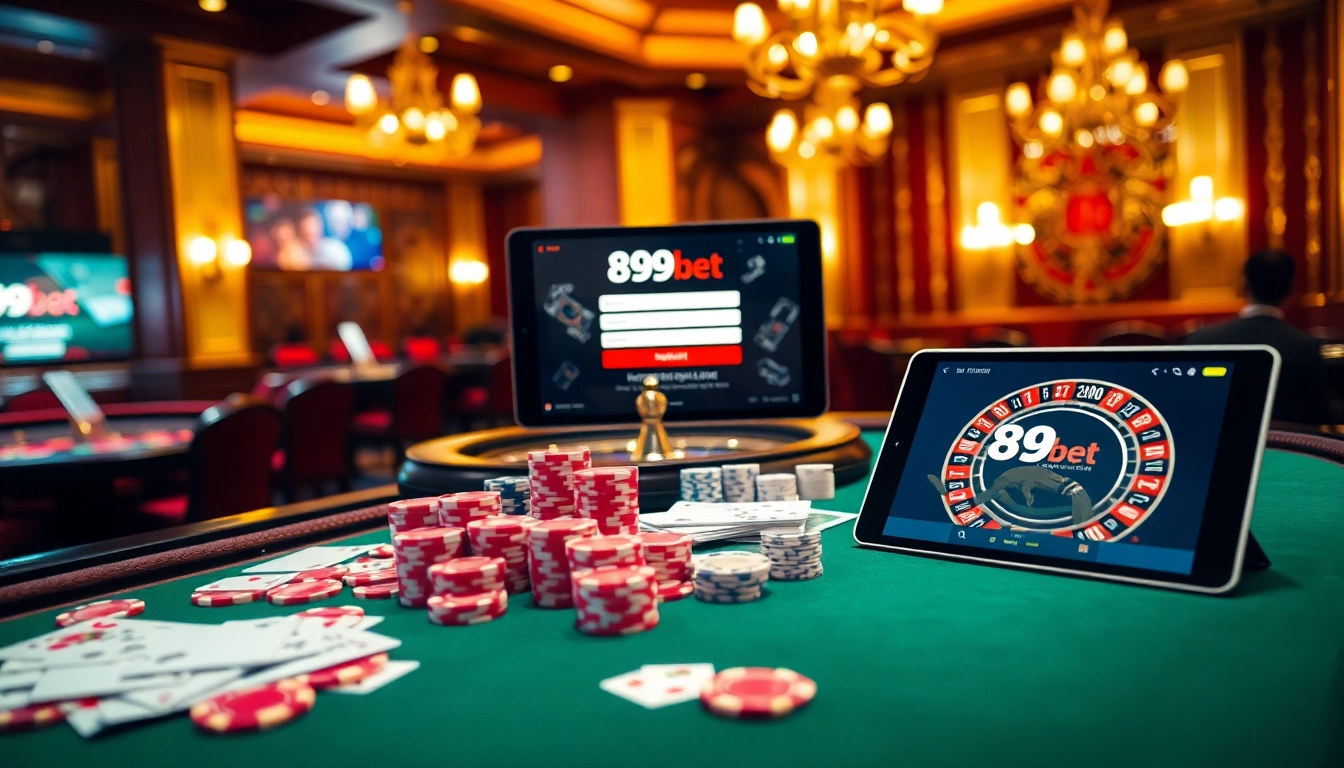 Engaging with 89bet registration process on a sleek tablet amidst a vibrant casino scene.