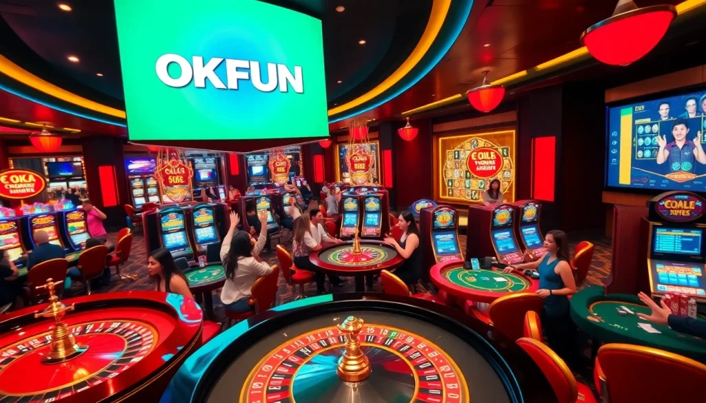 Experience the luxury and excitement of gambling at OKFUN with vibrant tables and enthusiastic players.