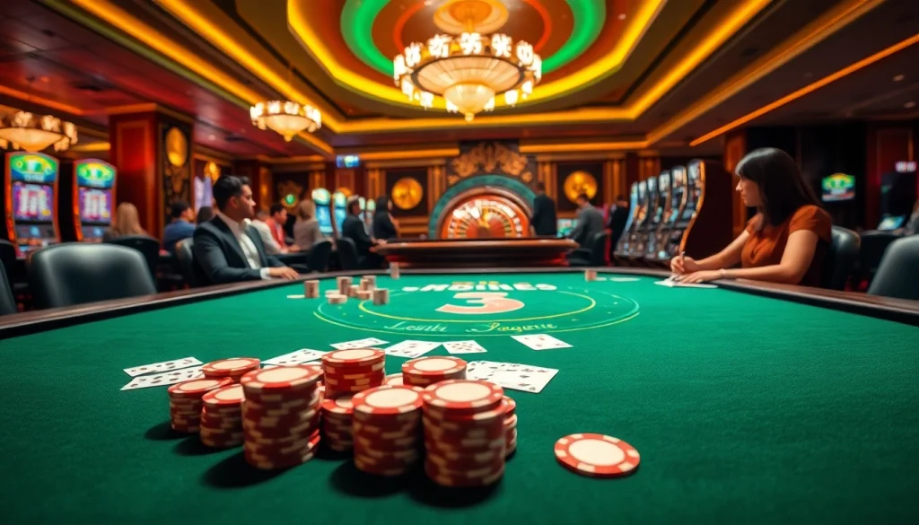 Exciting gambling scene featuring Nhà Cái F8bet's luxurious poker table with vibrant chips and a roulette wheel.