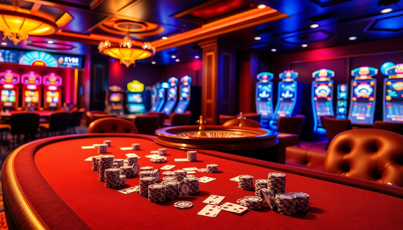 Experience the thrill of EV88 casino with luxurious poker tables and vibrant slot machines.