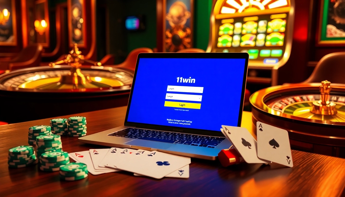 Engaging scene of online gambling at Nhà cái 11win with poker chips and roulette wheel.