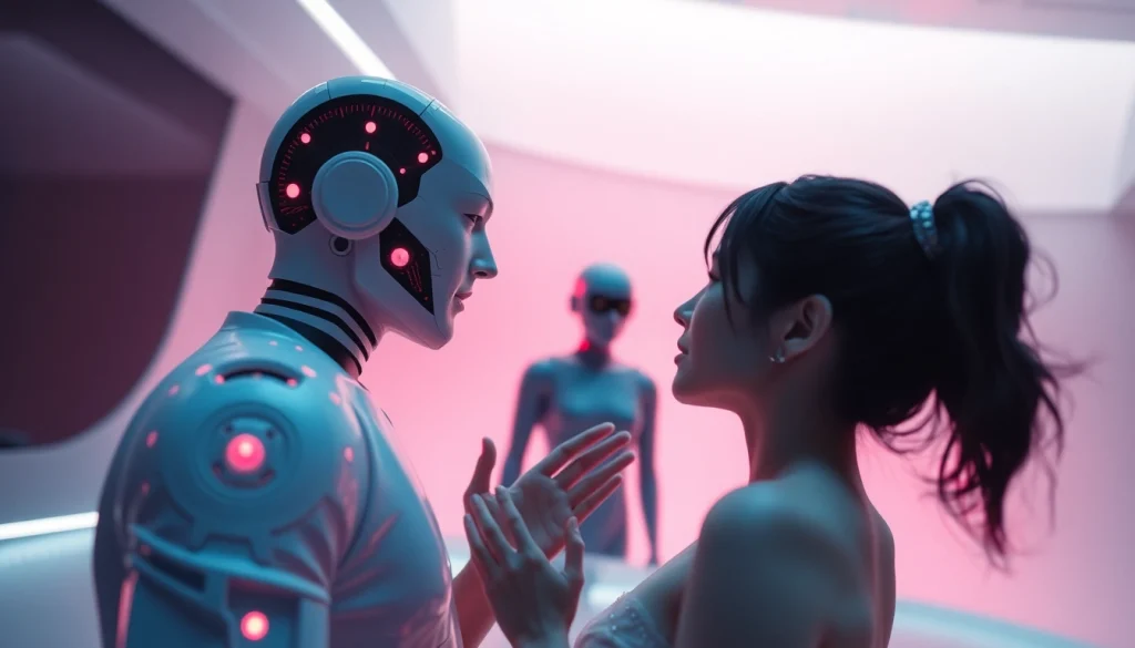 A conceptual image of human figures interacting with AI, embodying the theme of sex ai with a blend of warmth and technology.