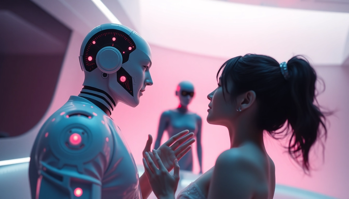 A conceptual image of human figures interacting with AI, embodying the theme of sex ai with a blend of warmth and technology.