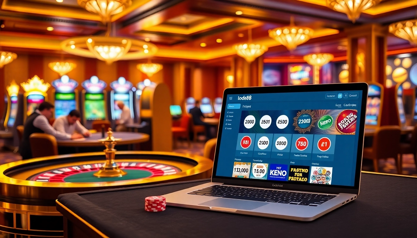 Lode88 players engaging in thrilling online gambling with a vibrant casino backdrop