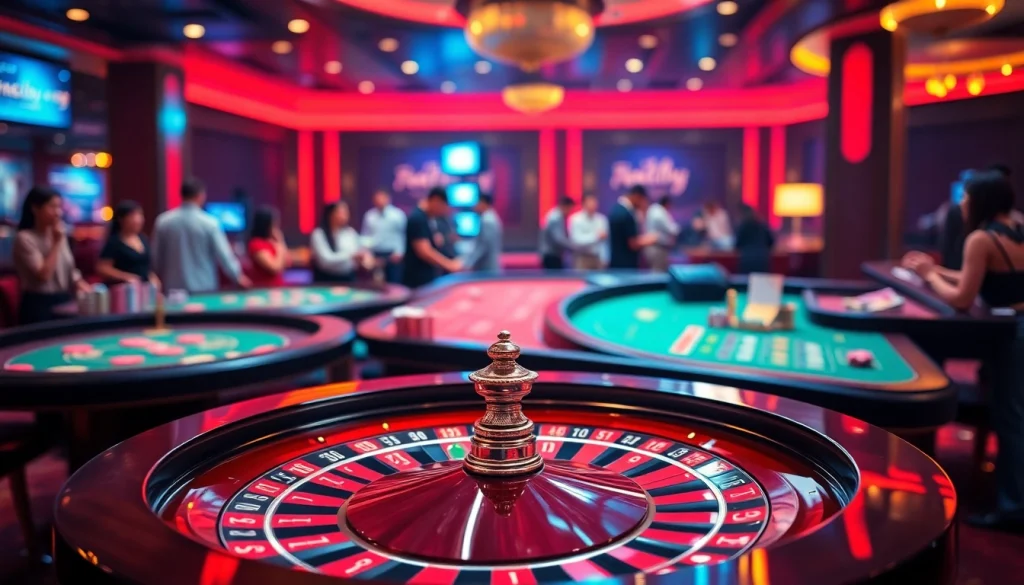 Engaging scene of players at a casino showcasing kèo nhà cái 5 betting interface and vibrant poker chips.