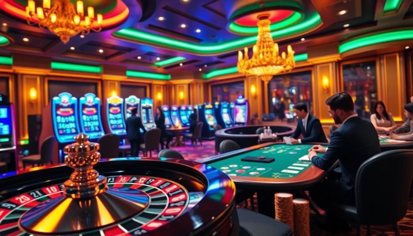 Engaging scene of 88i nhà cái with vibrant casino tables and players enjoying poker and slot machines.