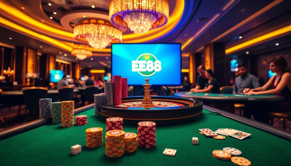 EE88 logo shines on a luxurious casino floor with poker tables and roulette wheels.