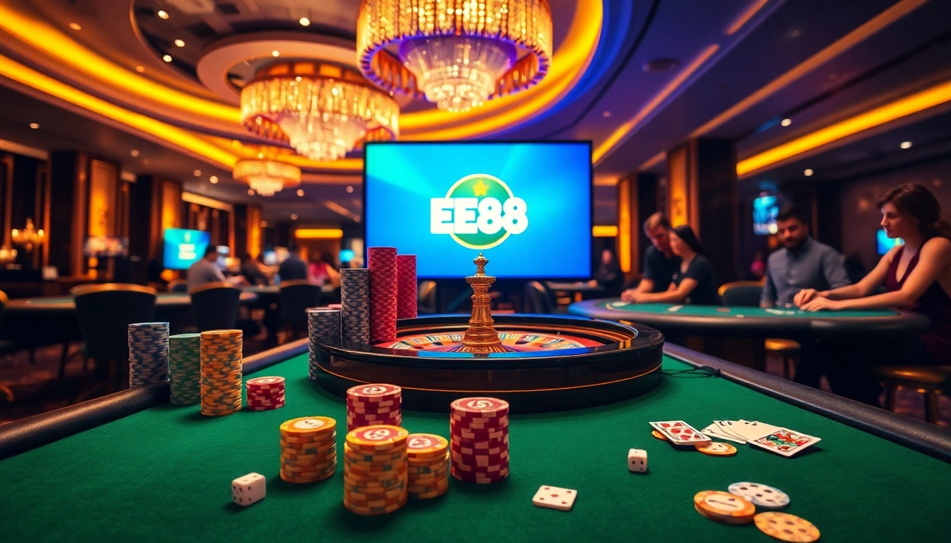 EE88 logo shines on a luxurious casino floor with poker tables and roulette wheels.