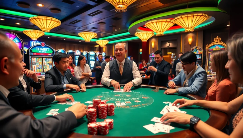 Gambling excitement at a THABET casino table with vibrant chips and cards.