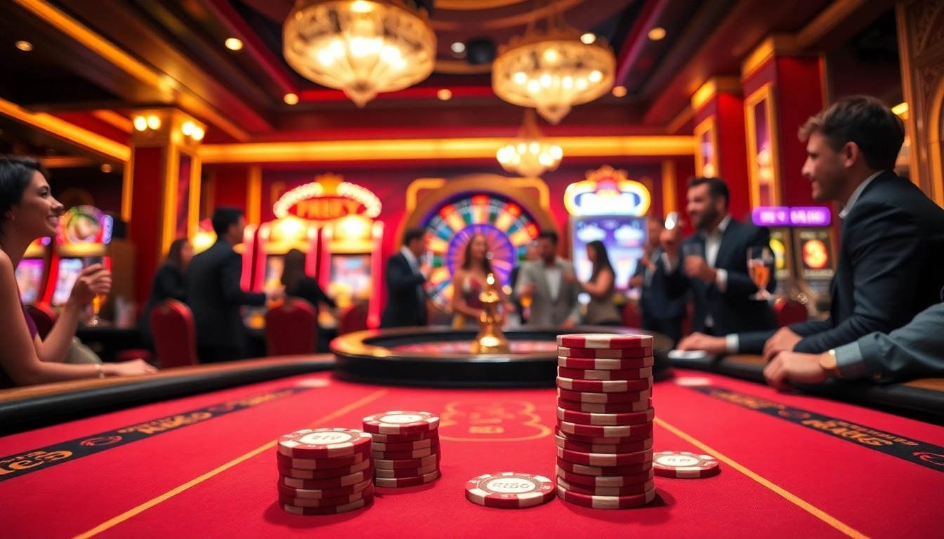 Exciting RR88 casino scene with players at a poker table and vibrant slot machines.