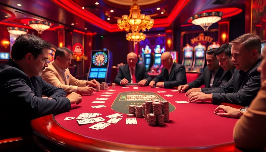 Engaging scene of seasoned players at a poker table, showcasing abc8 uy tín in a luxurious casino setting.