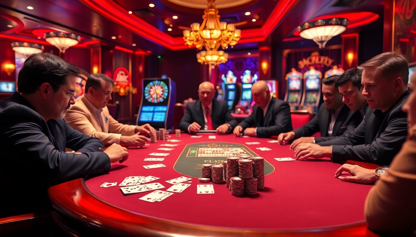 Engaging scene of seasoned players at a poker table, showcasing abc8 uy tín in a luxurious casino setting.