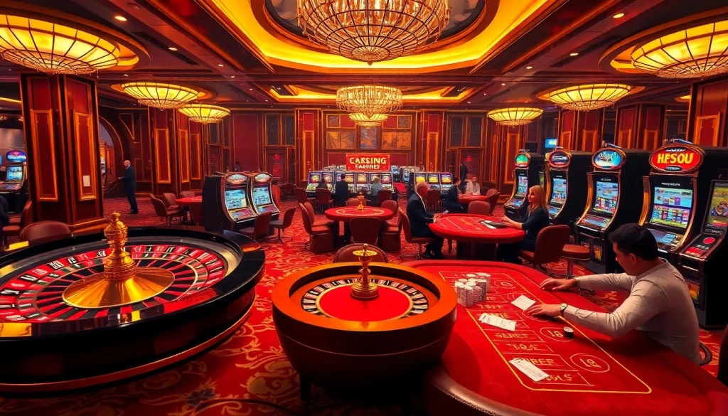 Engaging scene at RR88 casino with roulette wheel, players, and vibrant slot machines.