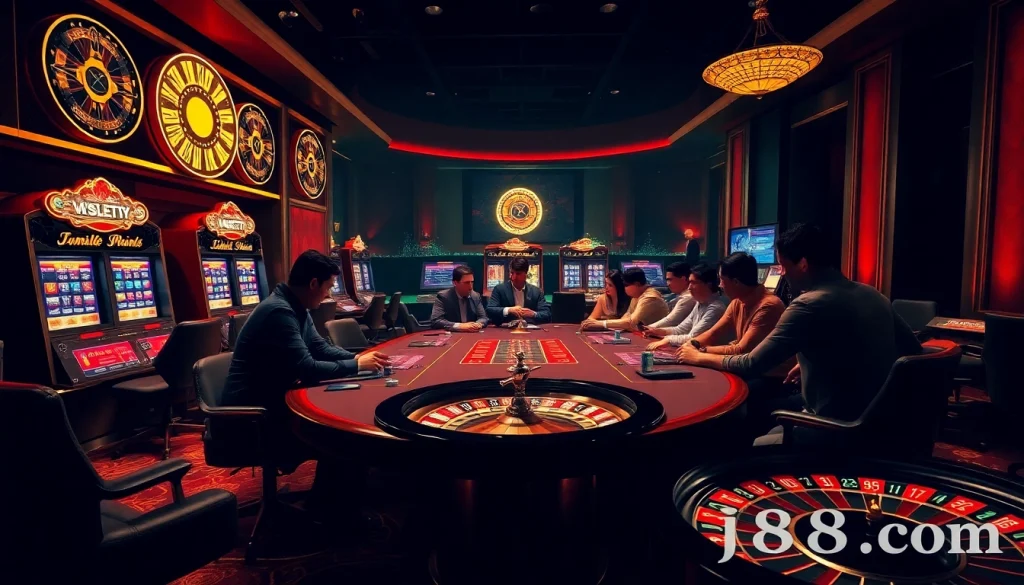 Experience thrilling gameplay at j88.com with professional poker players at an elegant casino table.