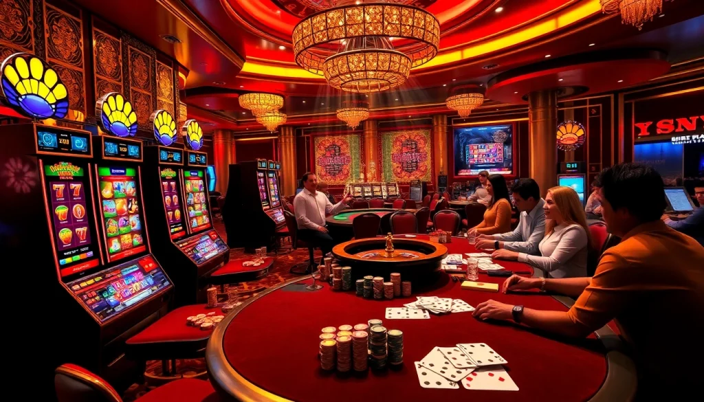Experience excitement at https://sumvip.app/ with vibrant casino tables, colorful chips, and a spinning roulette wheel.