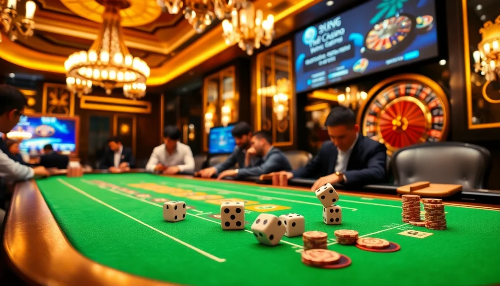 Tài xỉu MD5 table showcasing players engaged in an exciting game of luck and strategy in a luxurious casino setting.