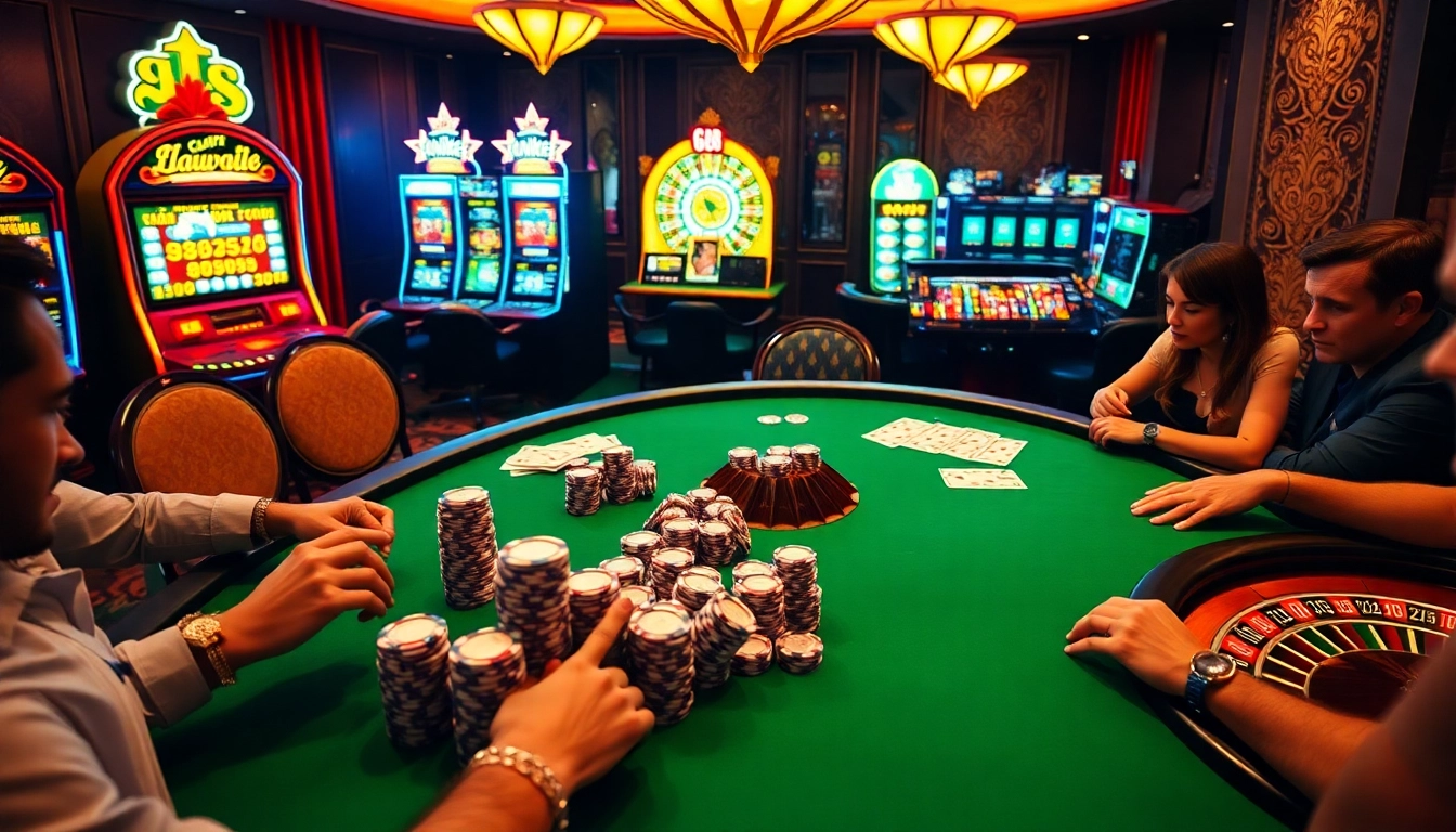 Players enjoying a thrilling poker game at GG 88 Casino, surrounded by vibrant slot machines and betting slips.