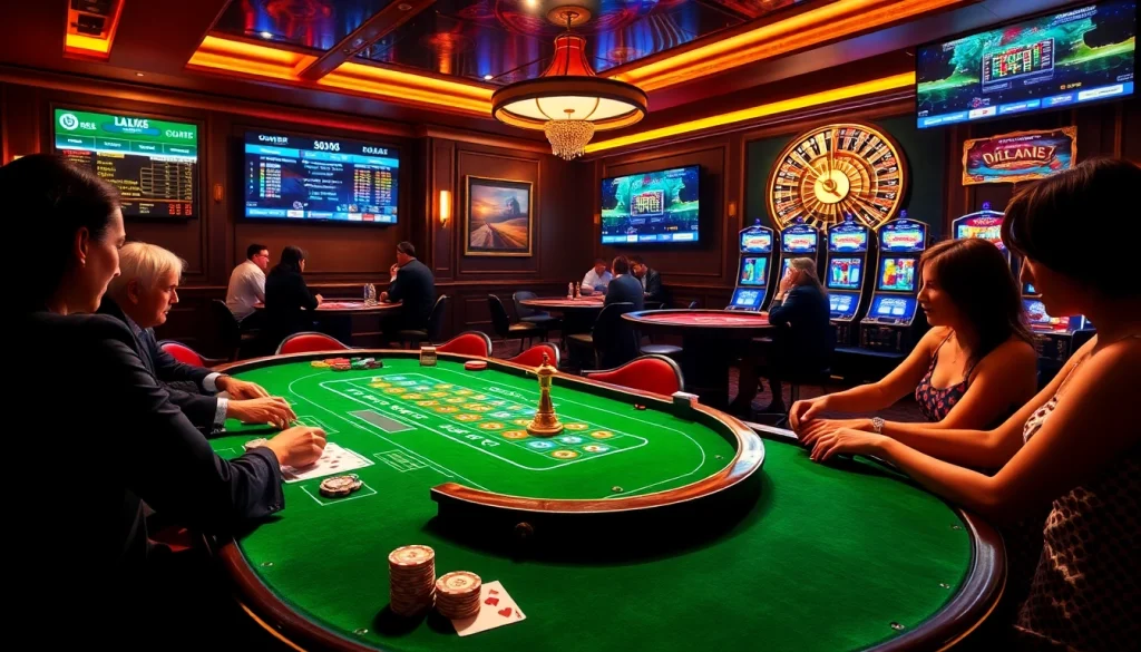 Exciting casino scene at PUB88 featuring poker tables, chips, and vibrant slot machines.