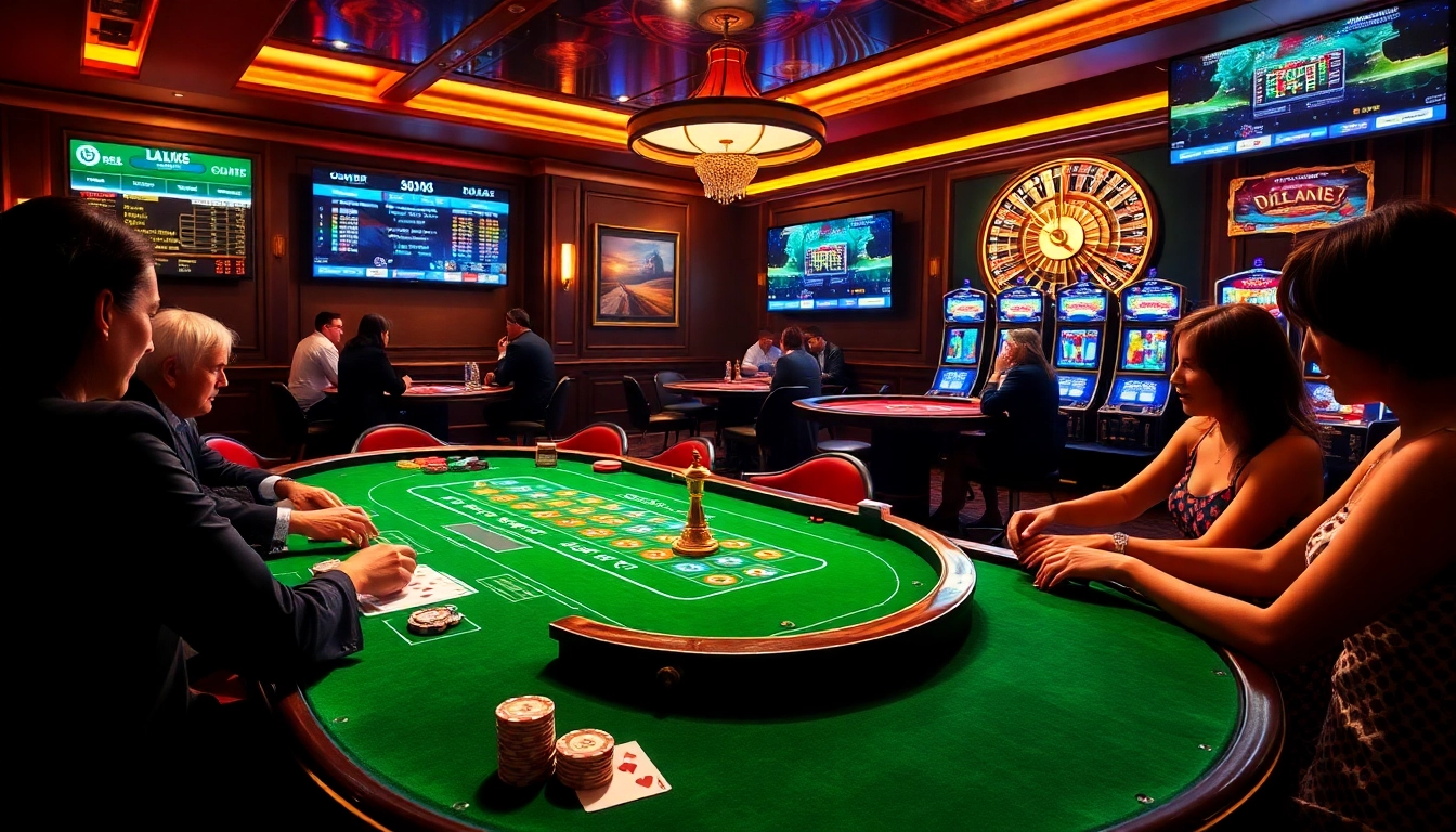 Exciting casino scene at PUB88 featuring poker tables, chips, and vibrant slot machines.