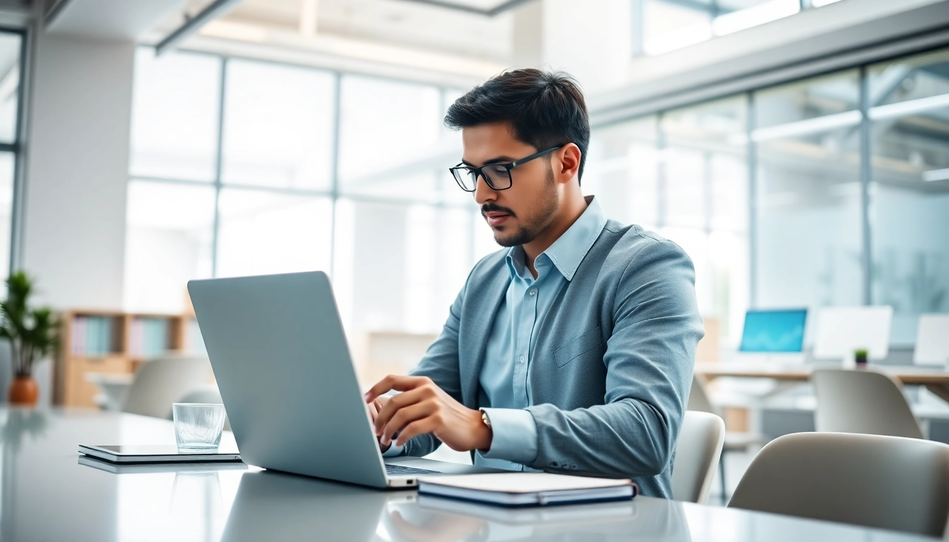 Engaging professional reviewing search optimization services data on a laptop in an office.