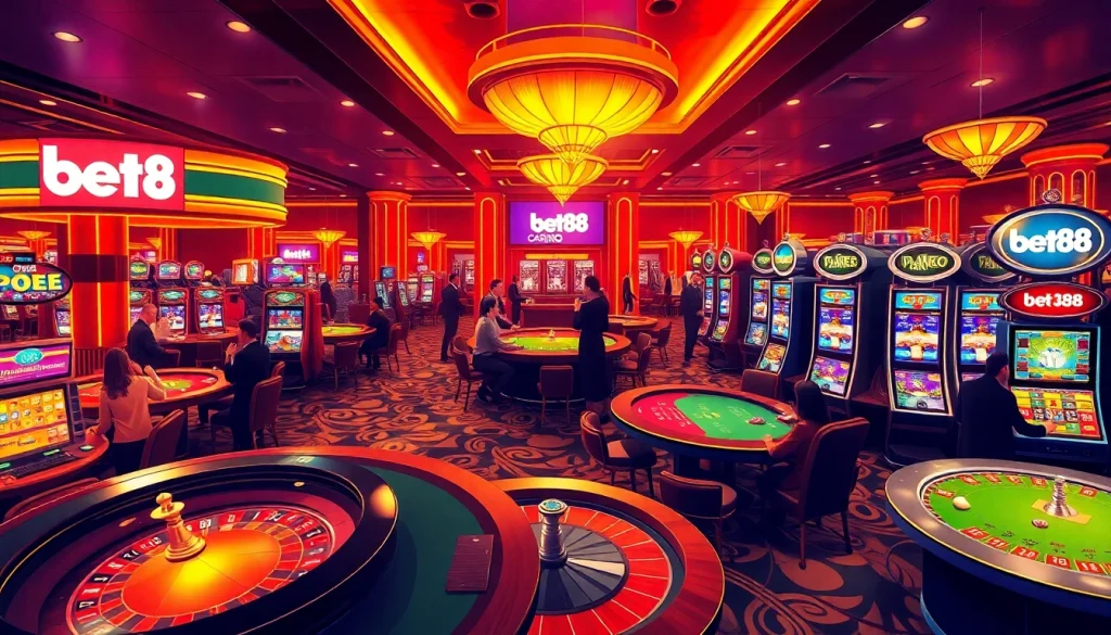 Bet88 casino scene featuring vibrant gaming tables, roulette wheel, and engaged players.