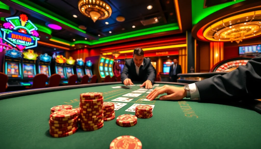 Players engaging at a high-end Bin88 casino poker table, experiencing luxury and excitement.