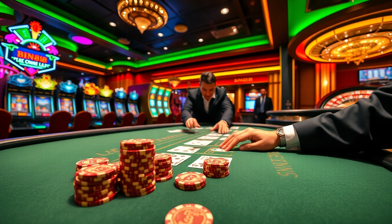 Players engaging at a high-end Bin88 casino poker table, experiencing luxury and excitement.