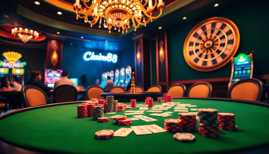 Win big at the casino with tr88 poker table action and vibrant slot machines.