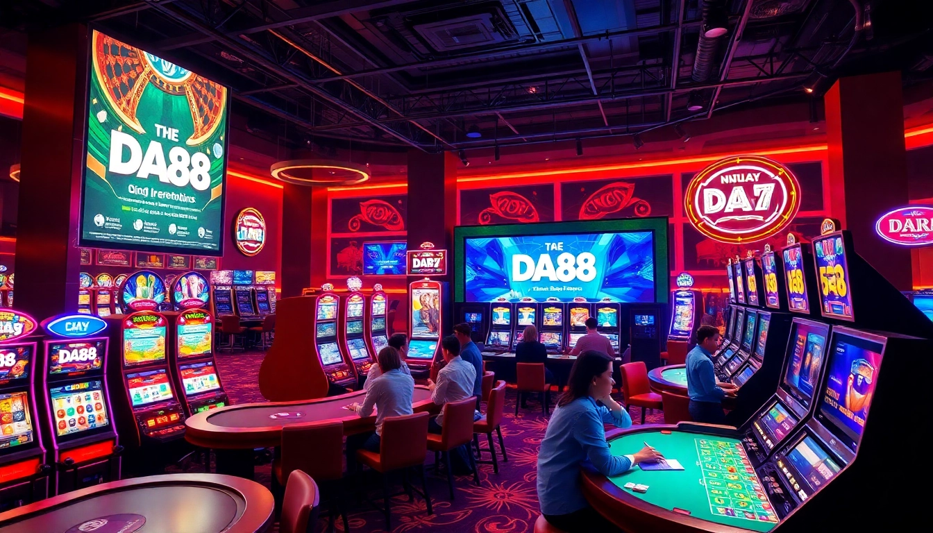 Experience DA88's thrilling casino gaming scene with vibrant colors and engaging players.