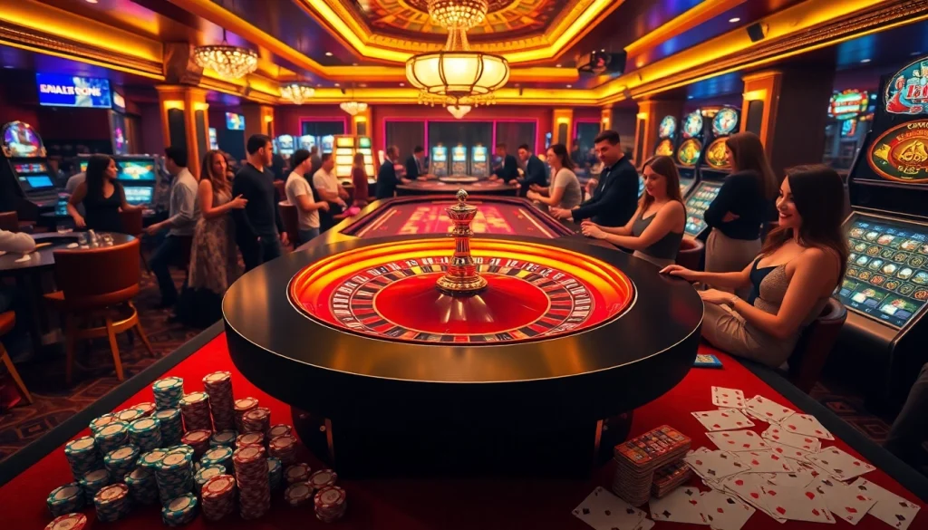 Experience the excitement of 789club with a lively casino scene featuring roulette, chips, and cards.
