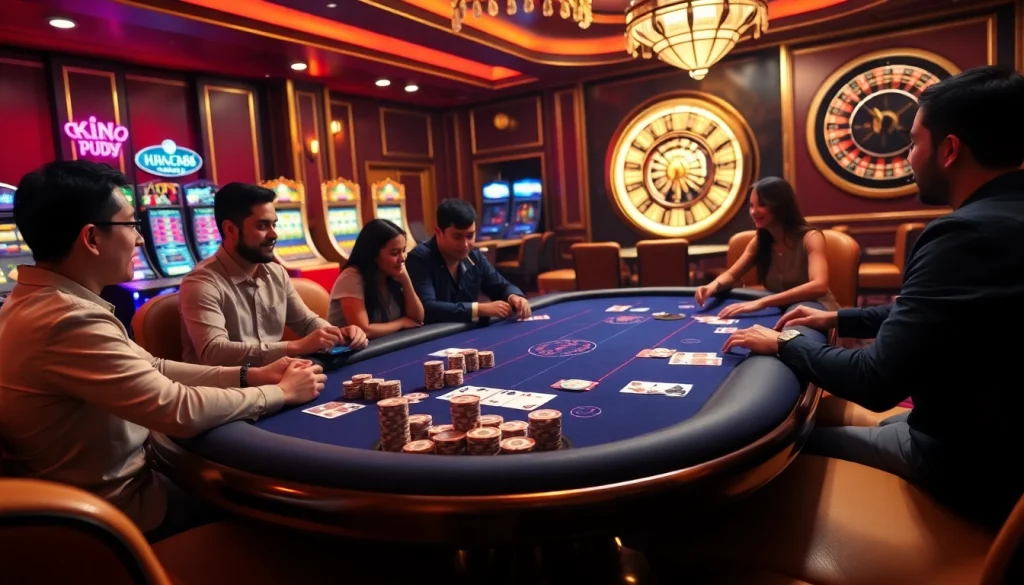 Players enjoying a thrilling poker game at King88 casino table with vibrant atmosphere.