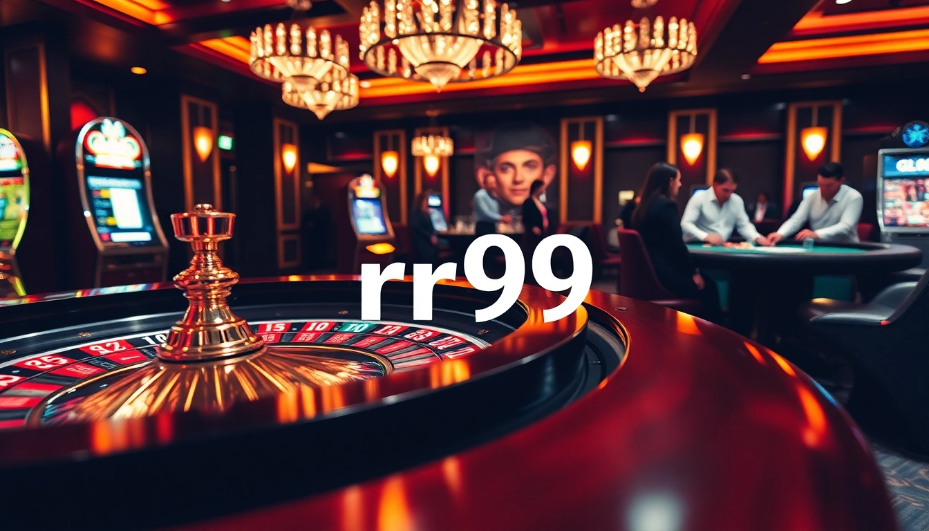 Exciting casino scene showcasing rr99 roulette table, vibrant lights, and poker chips.