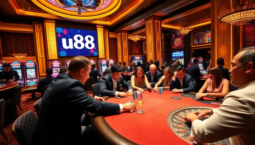 Exciting casino game scene showcasing u88 poker action with vibrant chips and roulette wheel.