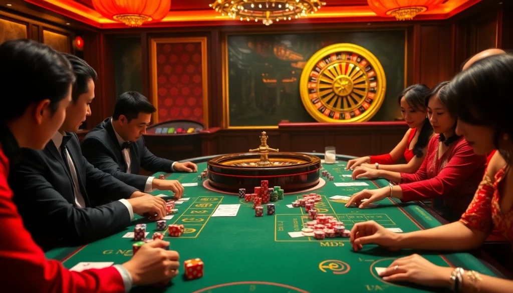 Players enjoying Tài Xỉu MD5 at a luxurious casino table, showcasing the thrill of strategic gambling.