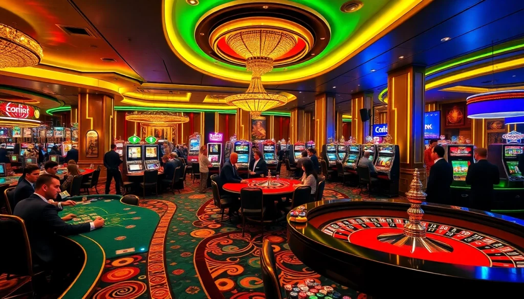 Exciting casino atmosphere with TPJ branding elements and engaged gamblers at various tables.