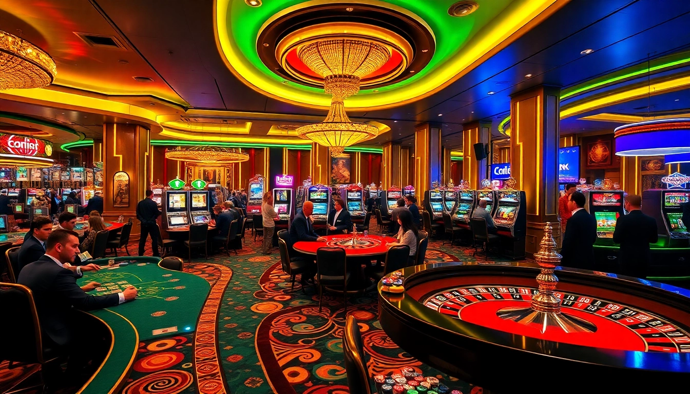 Exciting casino atmosphere with TPJ branding elements and engaged gamblers at various tables.