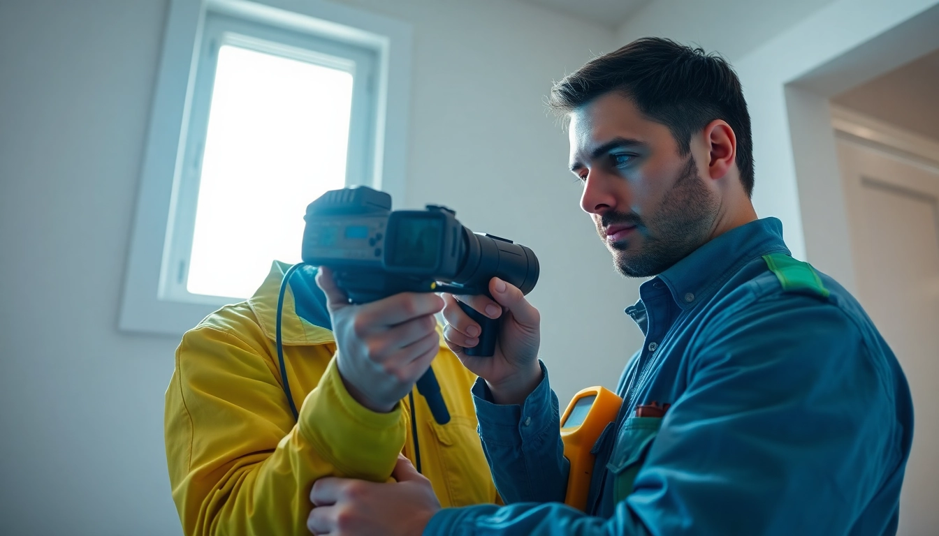 Leak detection expert using thermal imaging equipment to locate water leaks in a home.
