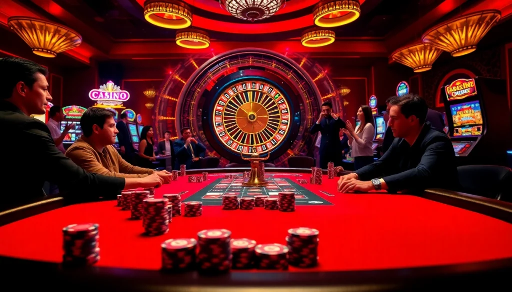 Experience the excitement of casino gaming at mb66.nyc with poker tables and vibrant slot machines.