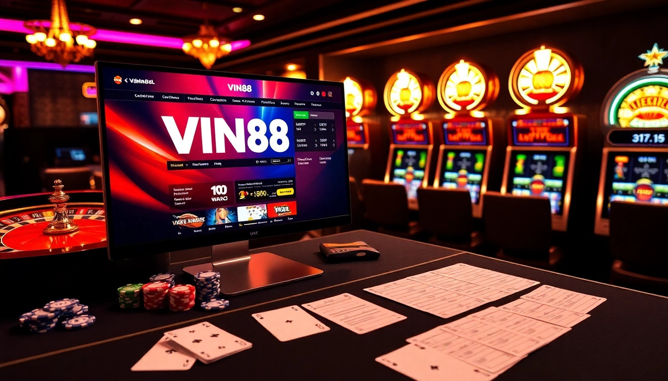 Experience the thrill of VIN88 with a vibrant online gambling atmosphere filled with casino elements.