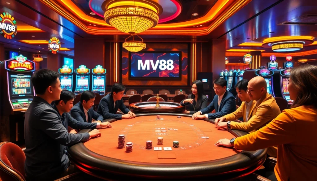 Experience the thrilling atmosphere of casino gaming with MV88, featuring vibrant tables and poker action.