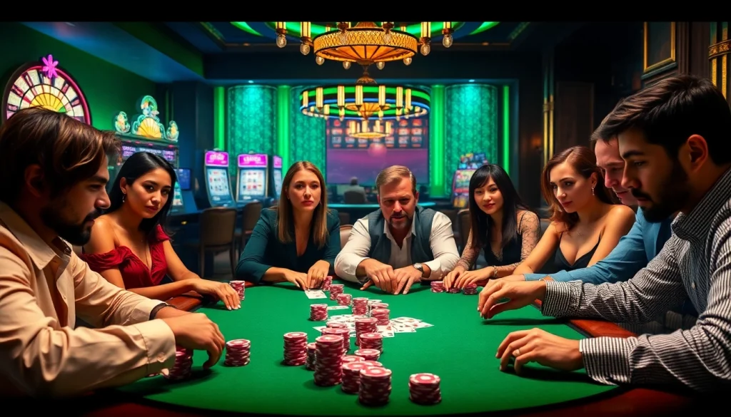 Players engage in an exciting poker game at ww88.com in a luxurious casino ambiance, featuring vibrant colors and dramatic lighting.