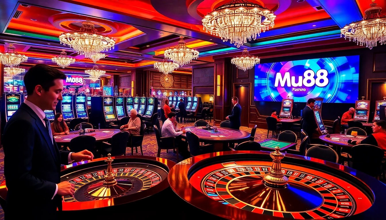 Exciting casino scene featuring players at Mu88 roulette and blackjack tables.
